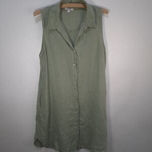 Rosemarine Lagenlook Size L Green Linen Shirt Dress TopTunic Collared Sleeveless
